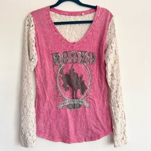 Vintage Y2K Westmoor Mfg Panhandle Slim Cowgirl Lace Pink Henley Western Top S/M